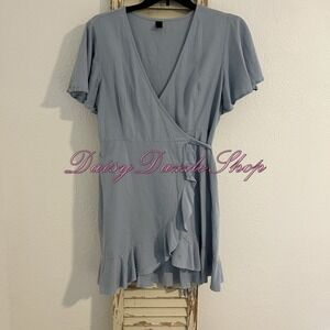 SHEIN Curve Butterfly Sleeve Ruffle‎ Hem Wrap Tie Belted Dress Blue Size 2X